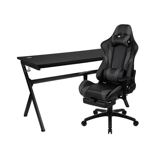 Gaming Desk and Gray Footrest Reclining Gaming Chair Set - Cup Holder/Headphone Hook/Removable Mouse Pad Top/Wire Management