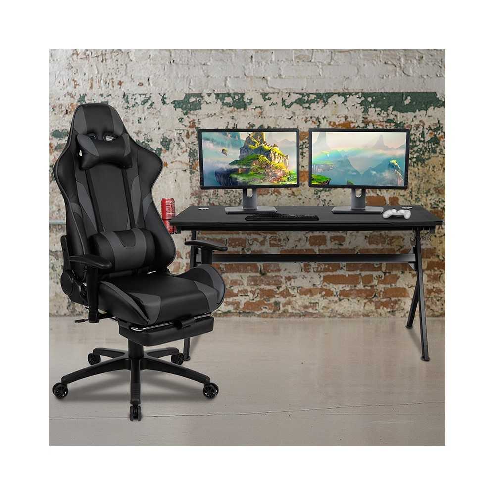 Gaming Desk and Gray Footrest Reclining Gaming Chair Set - Cup Holder/Headphone Hook/Removable Mouse Pad Top/Wire Management