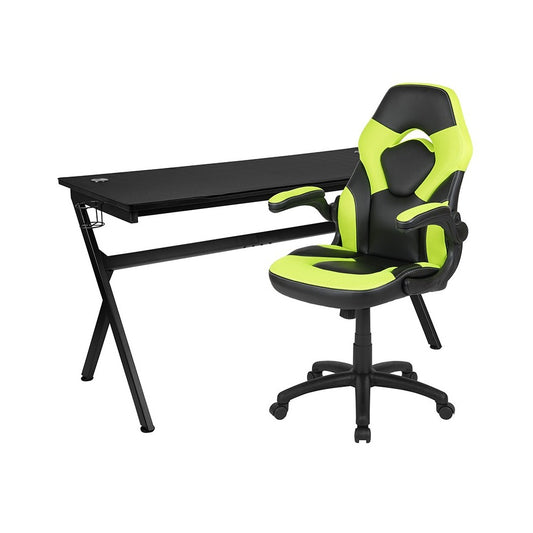 Gaming Desk and Green/Black Racing Chair Set /Cup Holder/Headphone Hook/Removable Mouse Pad Top - 2 Wire Management Holes