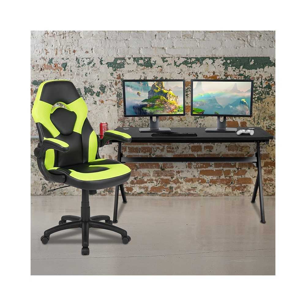 Gaming Desk and Green/Black Racing Chair Set /Cup Holder/Headphone Hook/Removable Mouse Pad Top - 2 Wire Management Holes