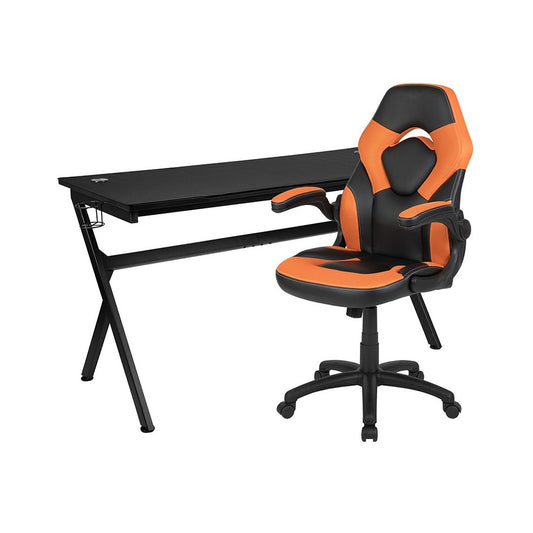 Gaming Desk and Orange/Black Racing Chair Set /Cup Holder/Headphone Hook/Removable Mouse Pad Top - 2 Wire Management Holes