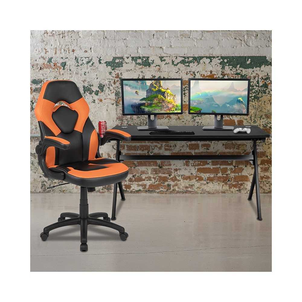 Gaming Desk and Orange/Black Racing Chair Set /Cup Holder/Headphone Hook/Removable Mouse Pad Top - 2 Wire Management Holes