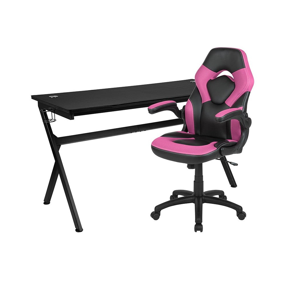 Gaming Desk and Pink/Black Racing Chair Set /Cup Holder/Headphone Hook/Removable Mouse Pad Top - 2 Wire Management Holes