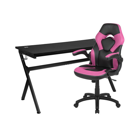 Gaming Desk and Pink/Black Racing Chair Set /Cup Holder/Headphone Hook/Removable Mouse Pad Top - 2 Wire Management Holes