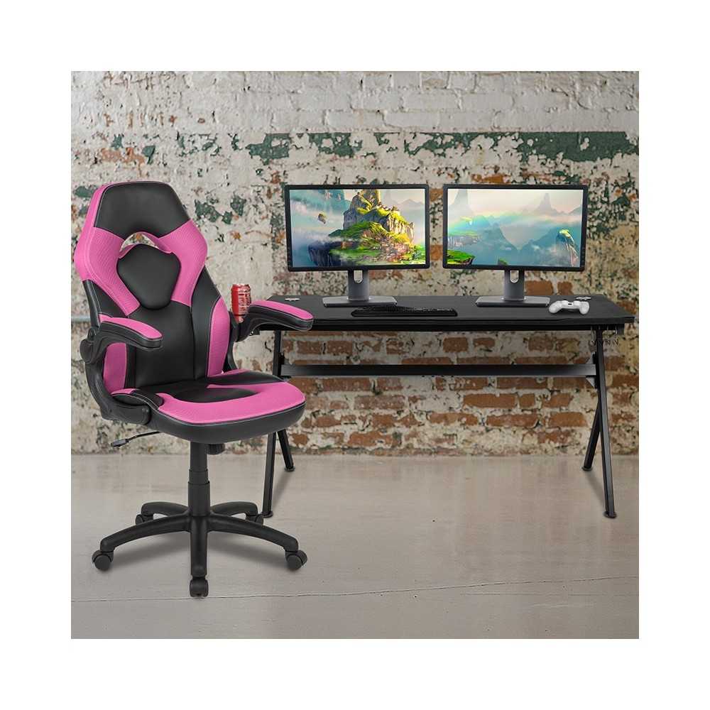 Gaming Desk and Pink/Black Racing Chair Set /Cup Holder/Headphone Hook/Removable Mouse Pad Top - 2 Wire Management Holes