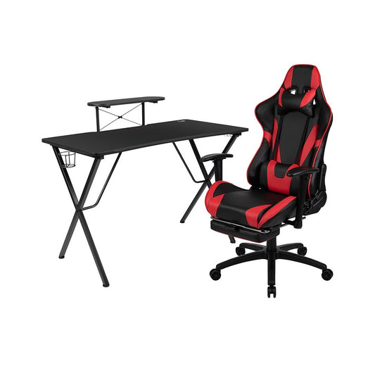 Gaming Desk and Red/Black Footrest Reclining Gaming Chair Set with Cup Holder, Headphone Hook, & Monitor/Smartphone Stand