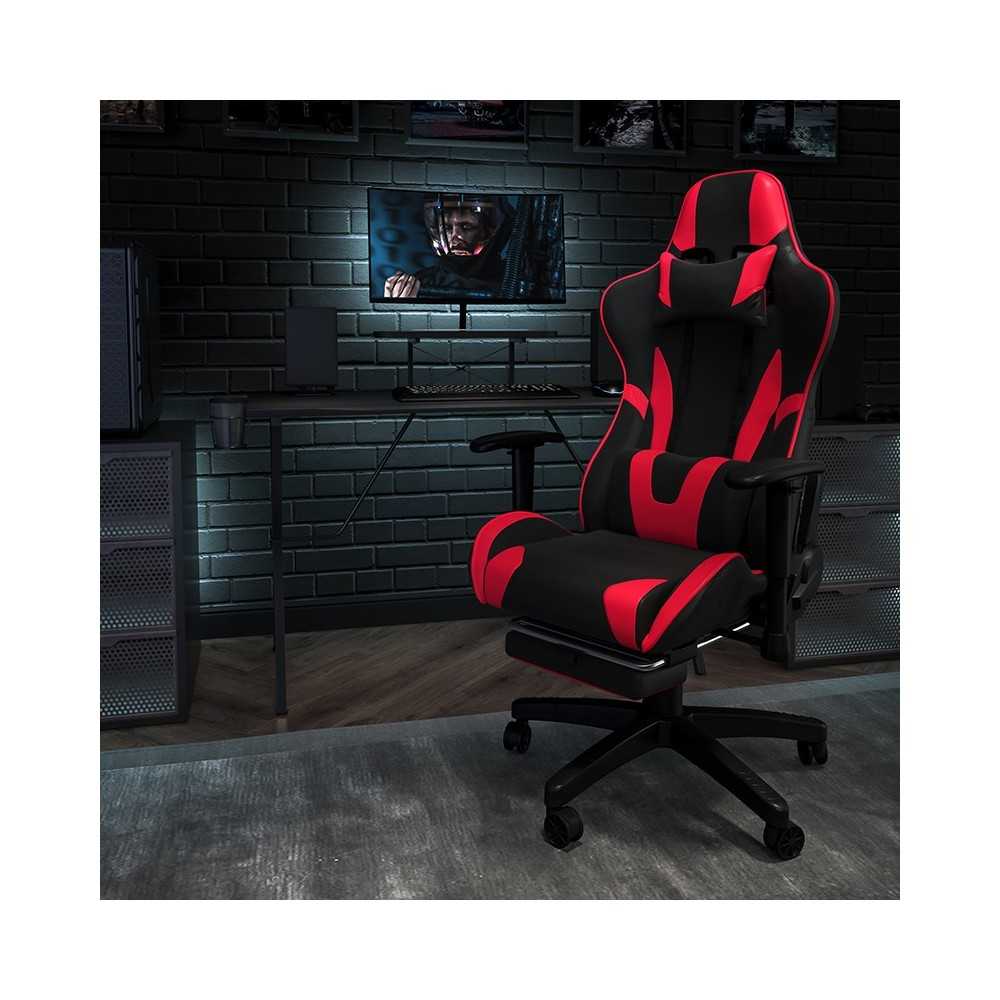 Gaming Desk and Red/Black Footrest Reclining Gaming Chair Set with Cup Holder, Headphone Hook, & Monitor/Smartphone Stand