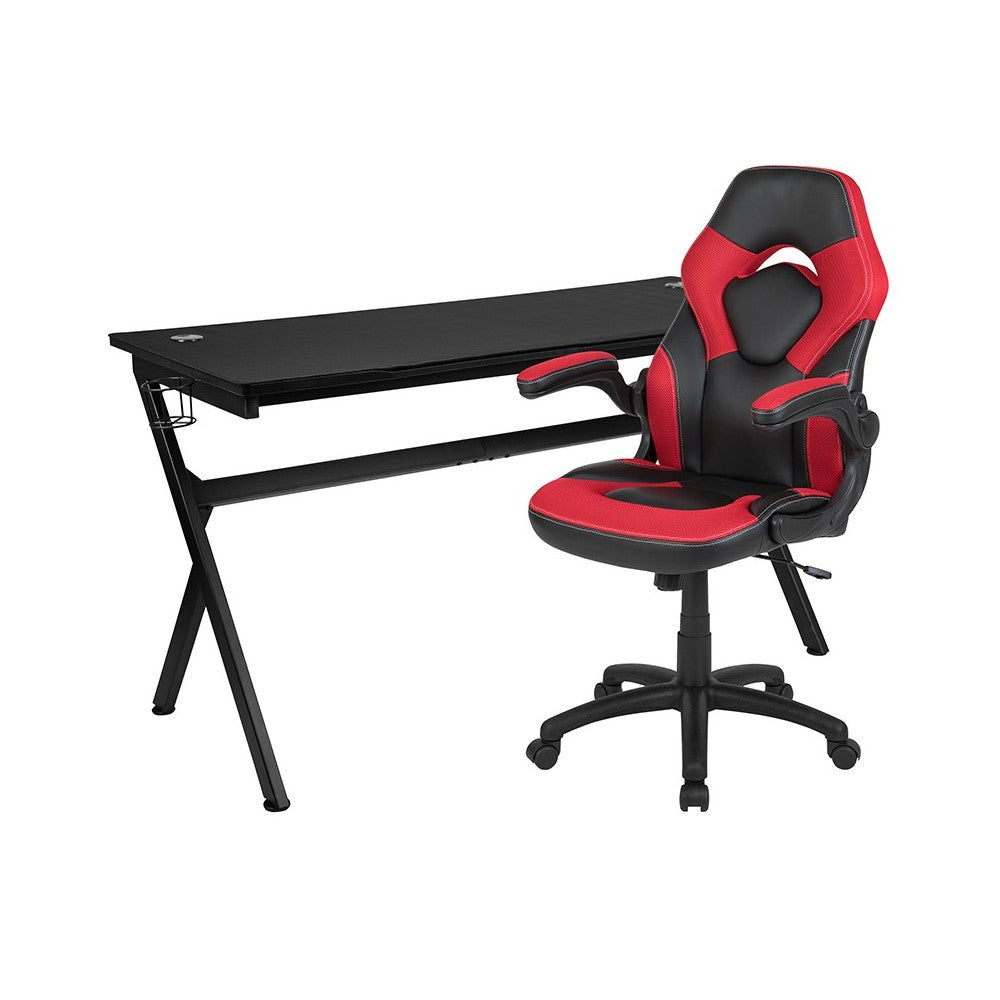 Gaming Desk and Red/Black Racing Chair Set /Cup Holder/Headphone Hook/Removable Mouse Pad Top - 2 Wire Management Holes