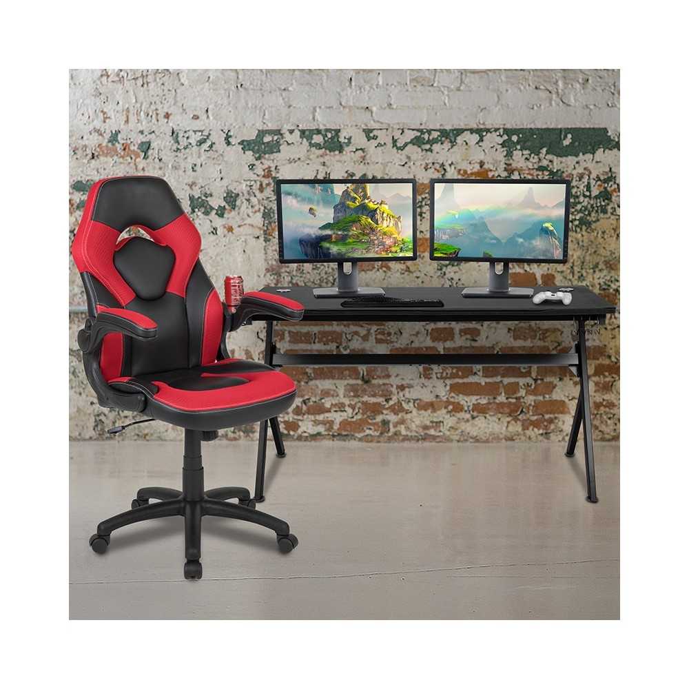 Gaming Desk and Red/Black Racing Chair Set /Cup Holder/Headphone Hook/Removable Mouse Pad Top - 2 Wire Management Holes