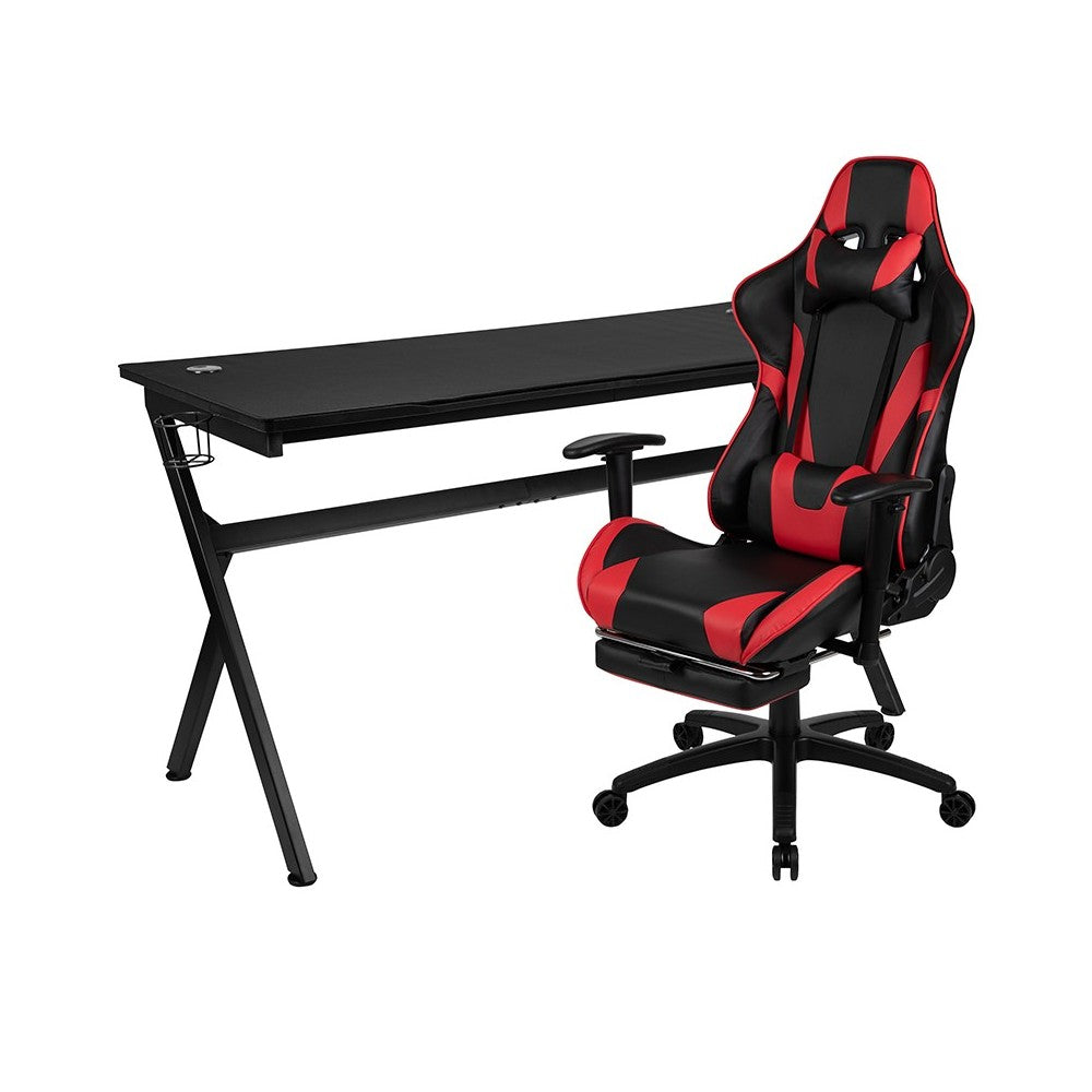 Gaming Desk and Red Footrest Reclining Gaming Chair Set - Cup Holder/Headphone Hook/Removable Mouse Pad Top/Wire Management