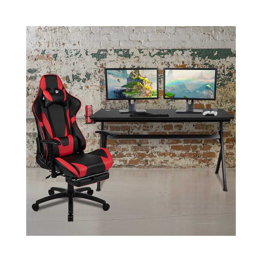 Gaming Desk and Red Footrest Reclining Gaming Chair Set - Cup Holder/Headphone Hook/Removable Mouse Pad Top/Wire Management