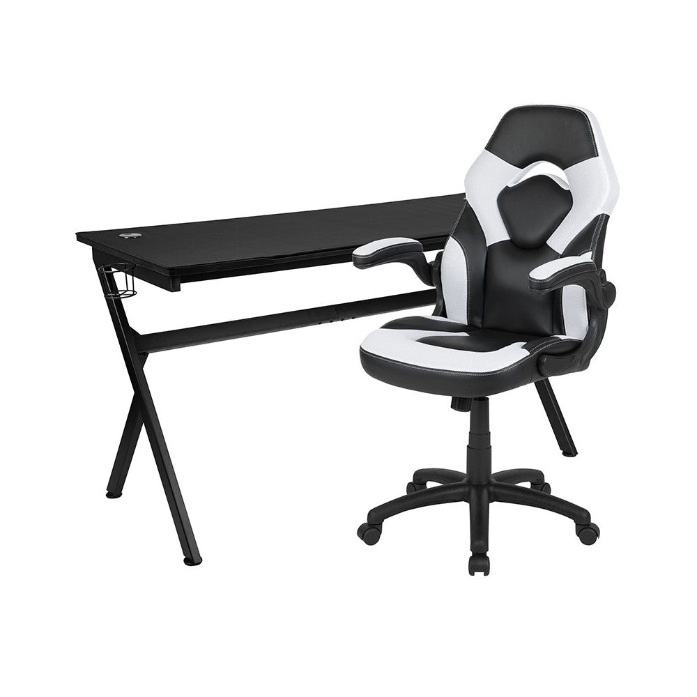 Gaming Desk and White/Black Racing Chair Set /Cup Holder/Headphone Hook/Removable Mouse Pad Top - 2 Wire Management Holes