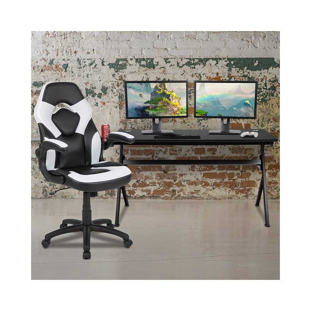 Gaming Desk and White/Black Racing Chair Set /Cup Holder/Headphone Hook/Removable Mouse Pad Top - 2 Wire Management Holes