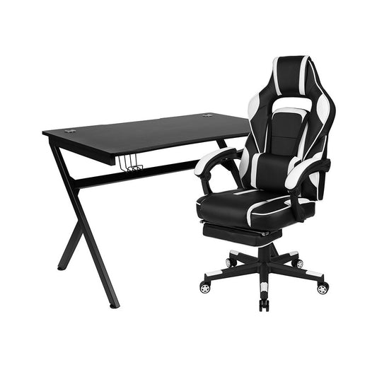 Gaming Desk with Cup Holder/Headphone Hook/2 Wire Management Holes & White Reclining Back/Arms Gaming Chair with Footrest