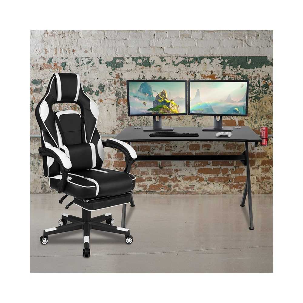 Gaming Desk with Cup Holder/Headphone Hook/2 Wire Management Holes & White Reclining Back/Arms Gaming Chair with Footrest