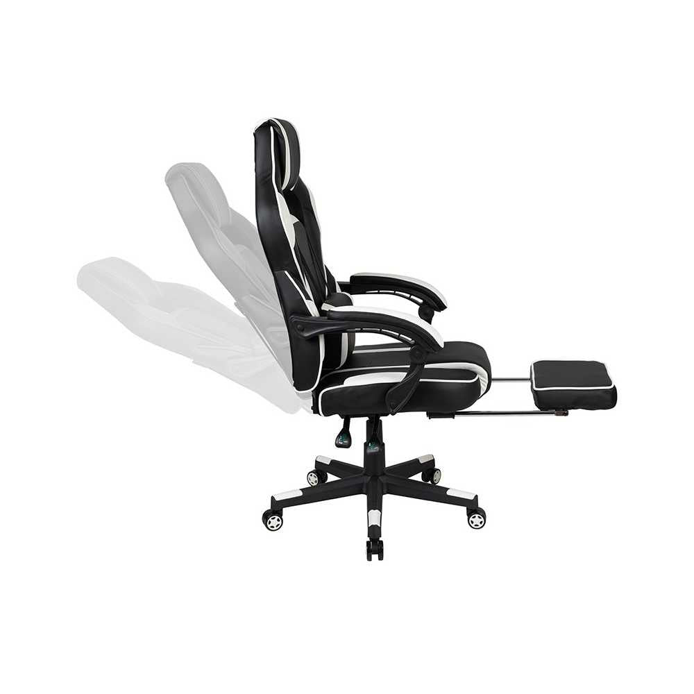 Gaming Desk with Cup Holder/Headphone Hook/2 Wire Management Holes & White Reclining Back/Arms Gaming Chair with Footrest