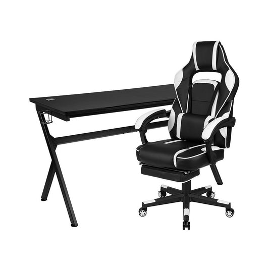 Gaming Desk with Cup Holder/Headphone Hook/Removable Mousepad Top & White Reclining Back/Arms Gaming Chair with Footrest