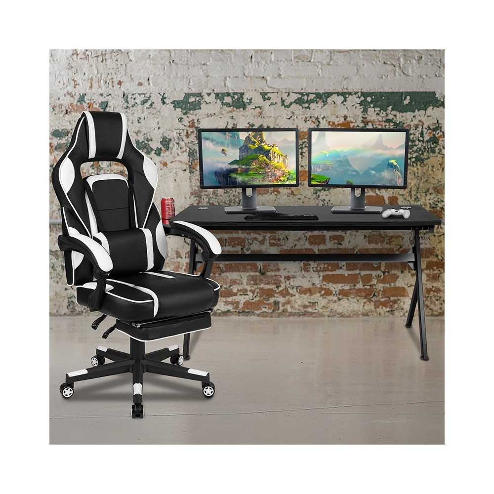 Gaming Desk with Cup Holder/Headphone Hook/Removable Mousepad Top & White Reclining Back/Arms Gaming Chair with Footrest