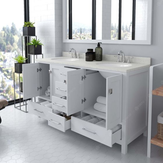 Caroline Avenue 60" Double Bath Vanity in White with Dazzle White Quartz Top and Round Sink with Brushed Nickel Faucet and Mirror