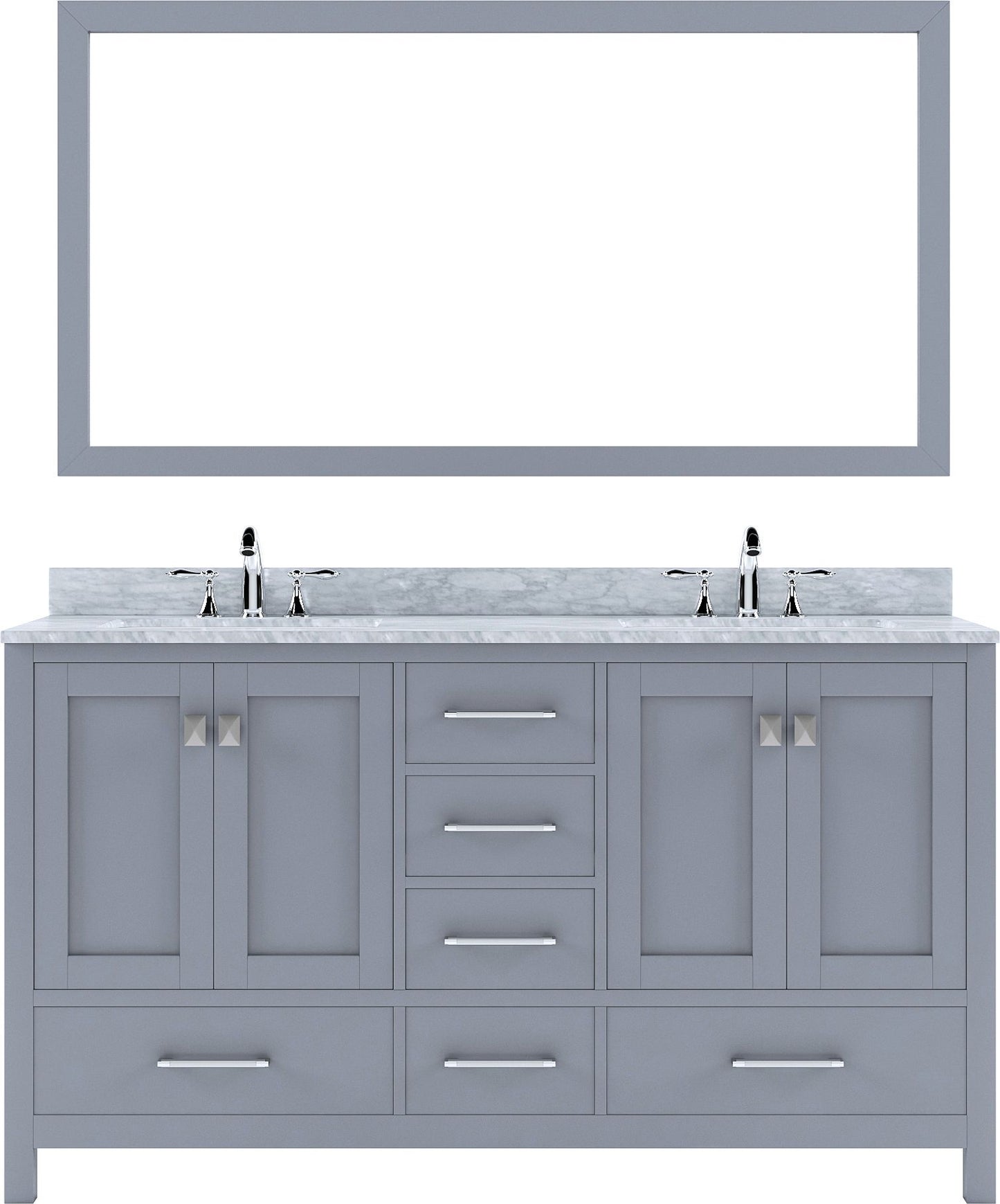 Caroline Avenue 60" Double Square Sink Marble Top Vanity in Grey with Mirror