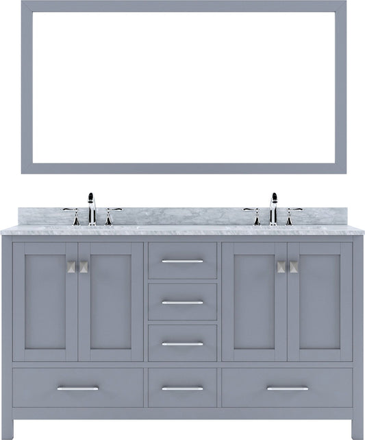 Caroline Avenue 60" Double Square Sink Marble Top Vanity in Grey with Mirror