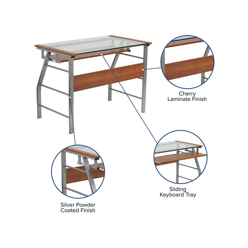 Glass Computer Desk with Pull-Out Keyboard Tray and Bowed Front Frame