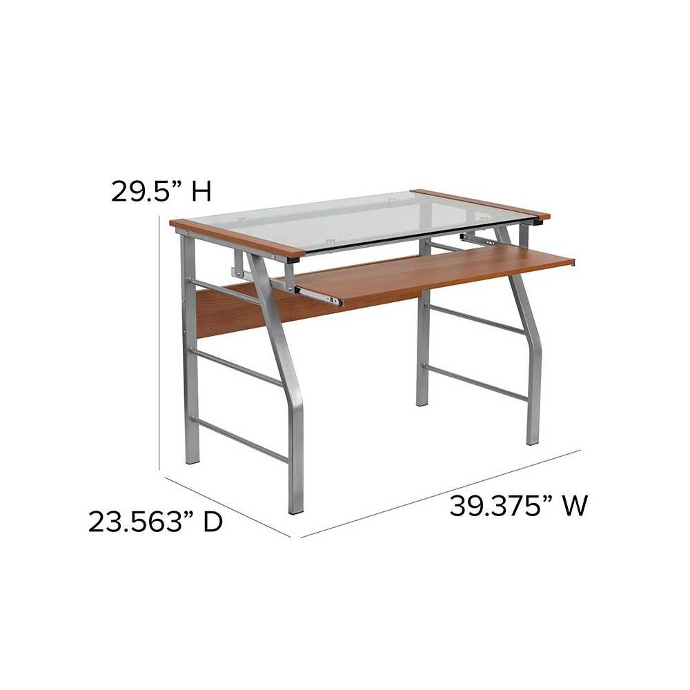 Glass Computer Desk with Pull-Out Keyboard Tray and Bowed Front Frame