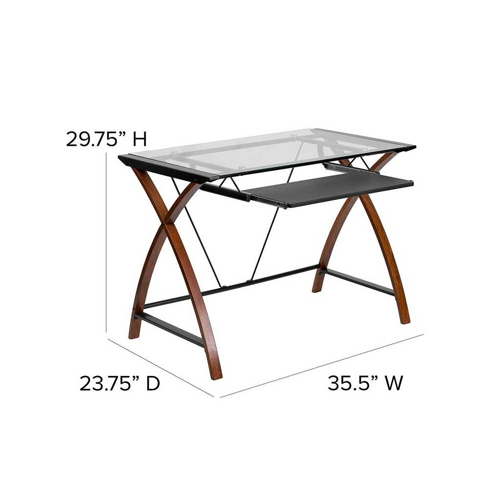 Glass Computer Desk with Pull-Out Keyboard Tray and Crisscross Frame