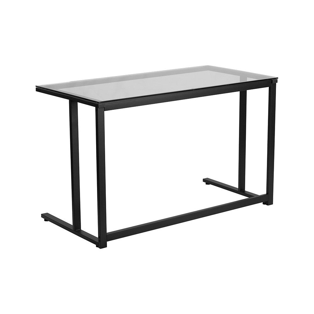 Glass Desk with Black Pedestal Metal Frame