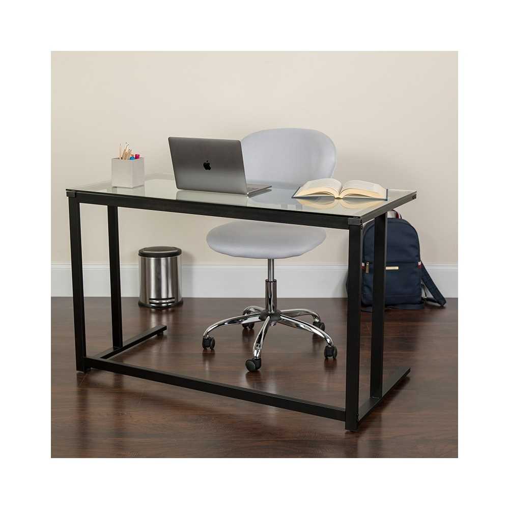 Glass Desk with Black Pedestal Metal Frame