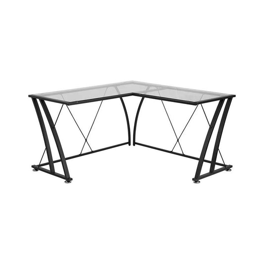 Glass L-Shape Computer Desk with Black Metal Frame