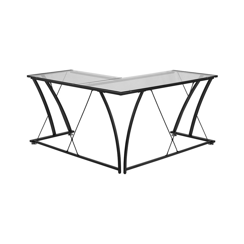 Glass L-Shape Computer Desk with Black Metal Frame