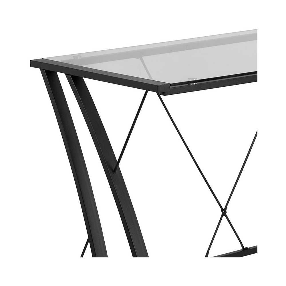 Glass L-Shape Computer Desk with Black Metal Frame