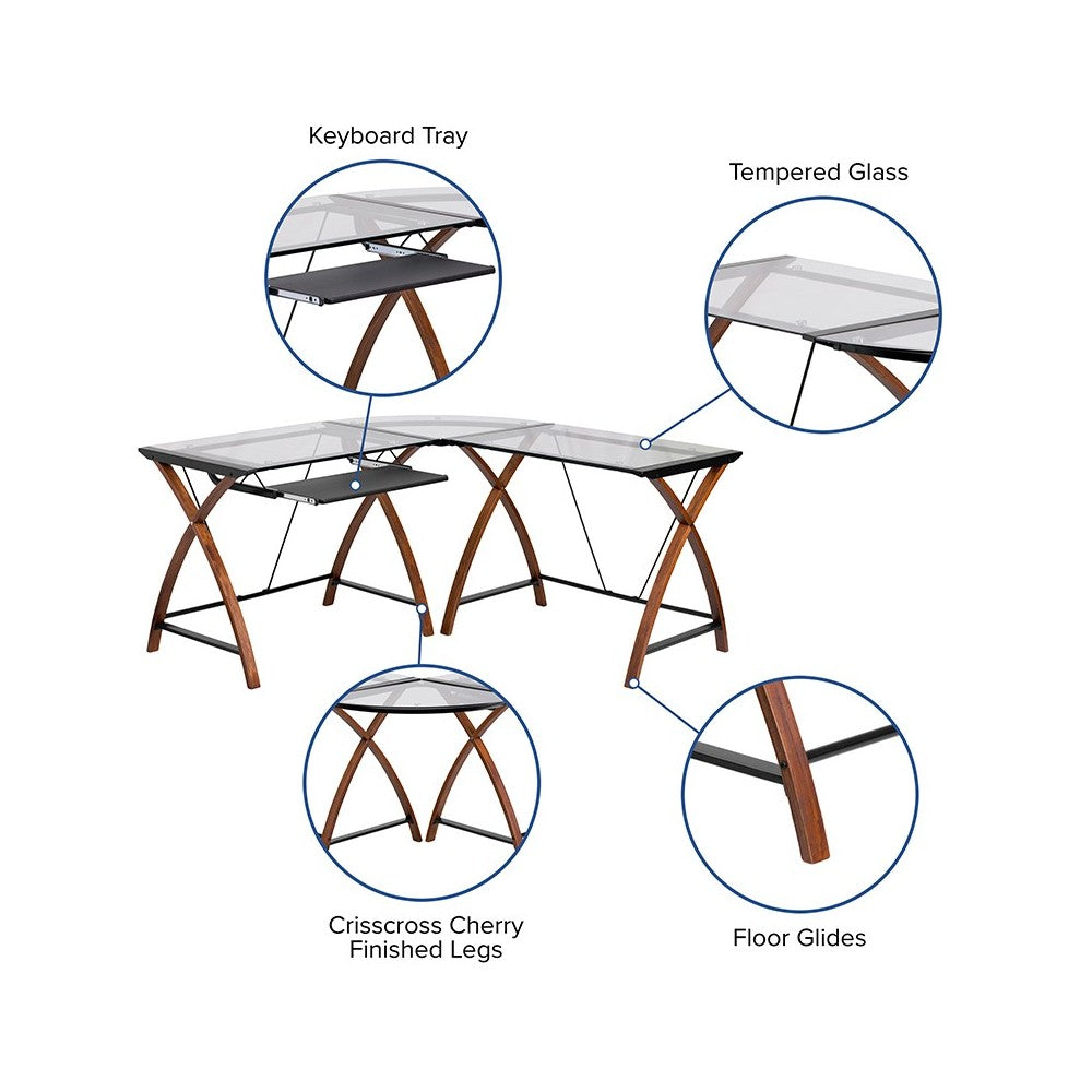 Glass L-Shape Desk with Pull-Out Keyboard Tray