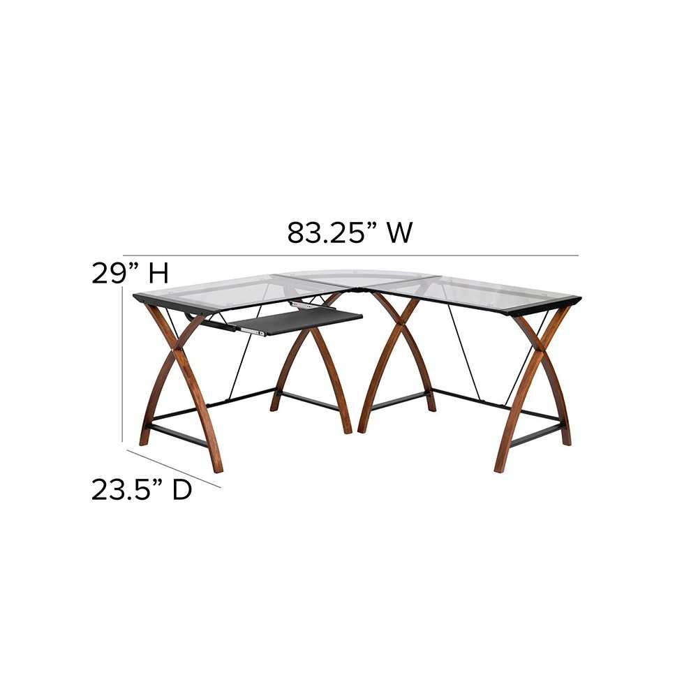 Glass L-Shape Desk with Pull-Out Keyboard Tray