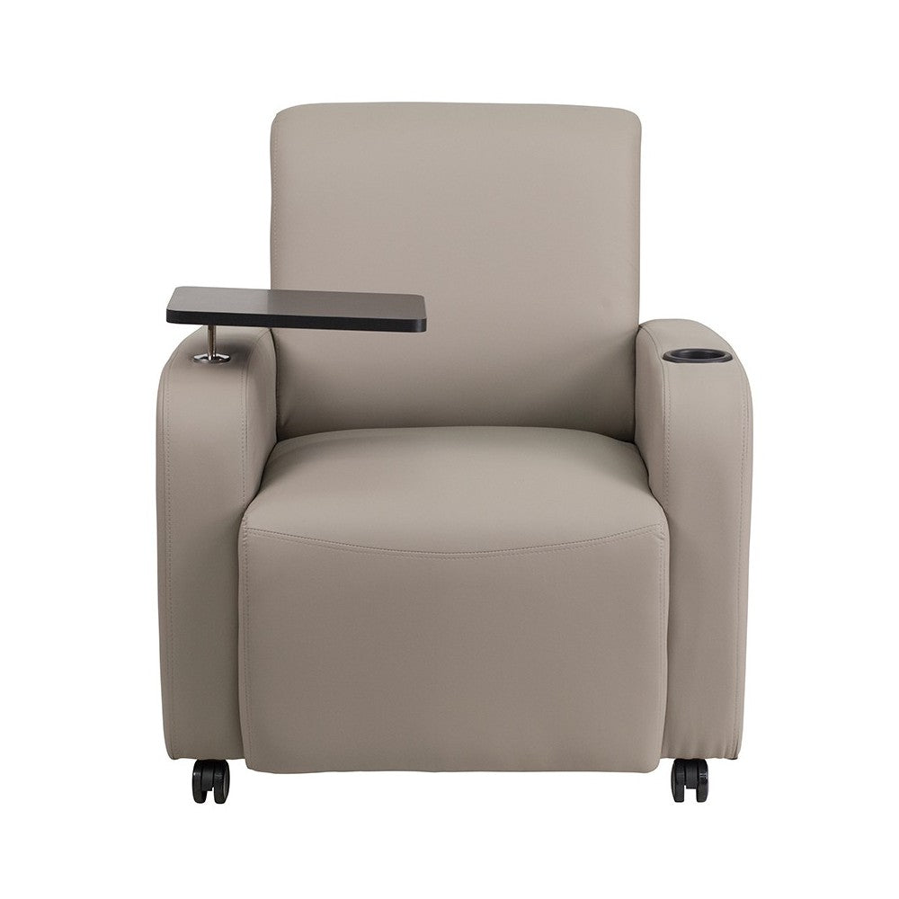 Gray LeatherSoft Guest Chair with Tablet Arm, Front Wheel Casters and Cup Holder