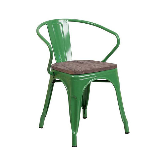 Green Metal Chair with Wood Seat and Arms