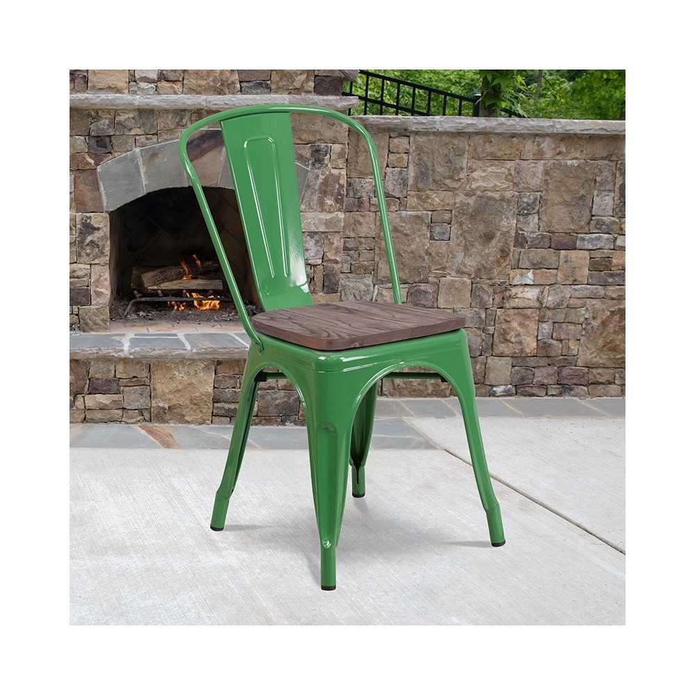 Green Metal Stackable Chair with Wood Seat