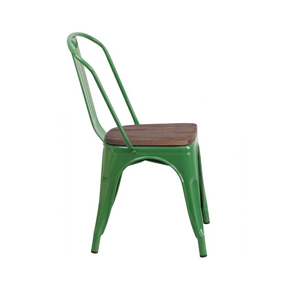 Green Metal Stackable Chair with Wood Seat