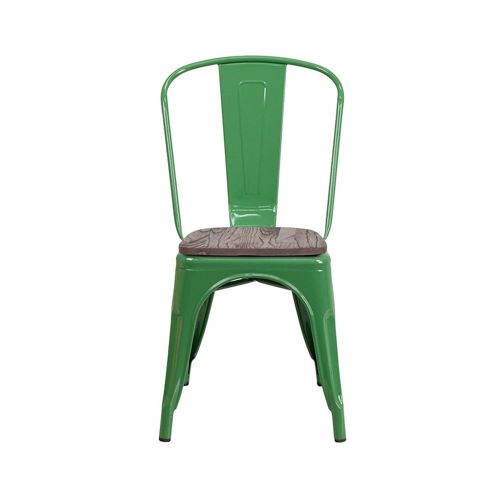 Green Metal Stackable Chair with Wood Seat