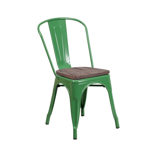 Green Metal Stackable Chair with Wood Seat
