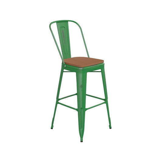 Green Metal Stool-Teak Seat