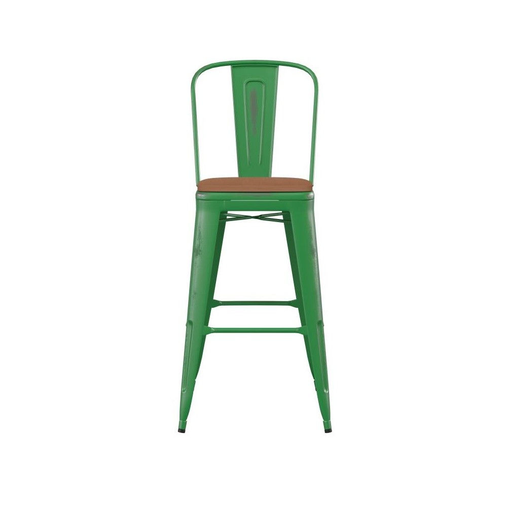 Green Metal Stool-Teak Seat