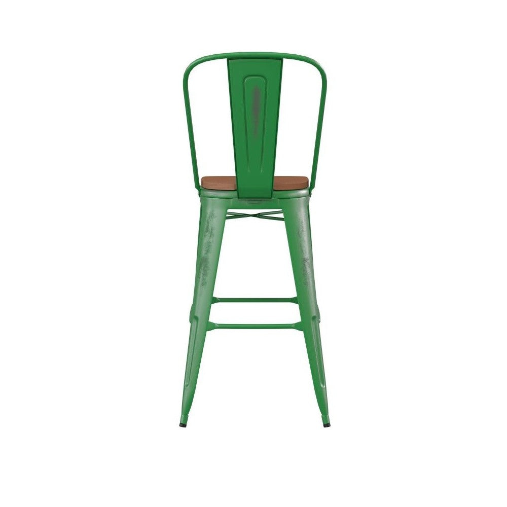 Green Metal Stool-Teak Seat