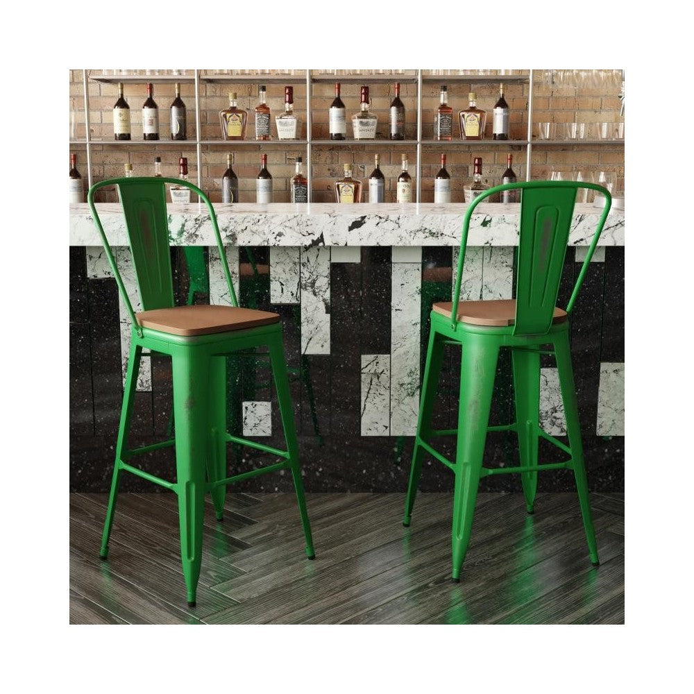 Green Metal Stool-Teak Seat