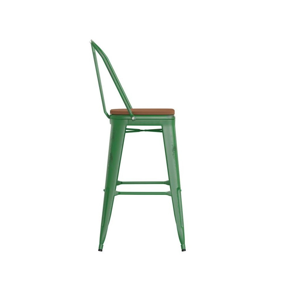 Green Metal Stool-Teak Seat