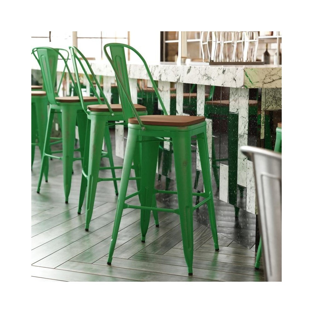 Green Metal Stool-Teak Seat