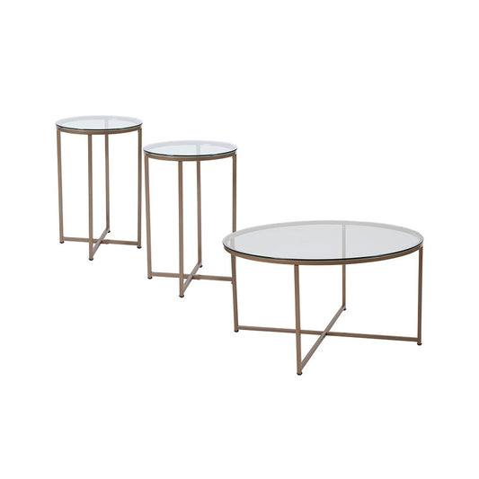 Greenwich Collection 3 Piece Coffee and End Table Set with Glass Tops and Matte Gold Frames