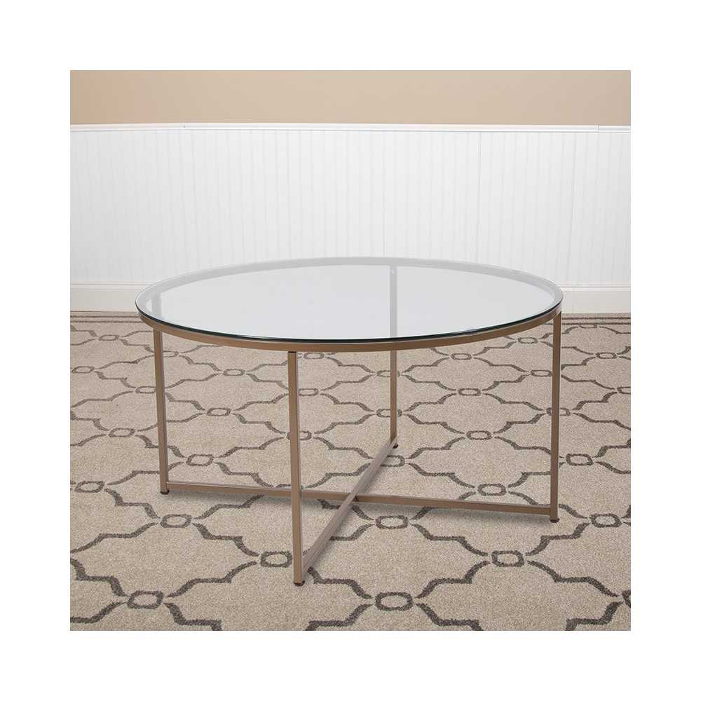 Greenwich Collection Glass Coffee Table with Matte Gold Frame