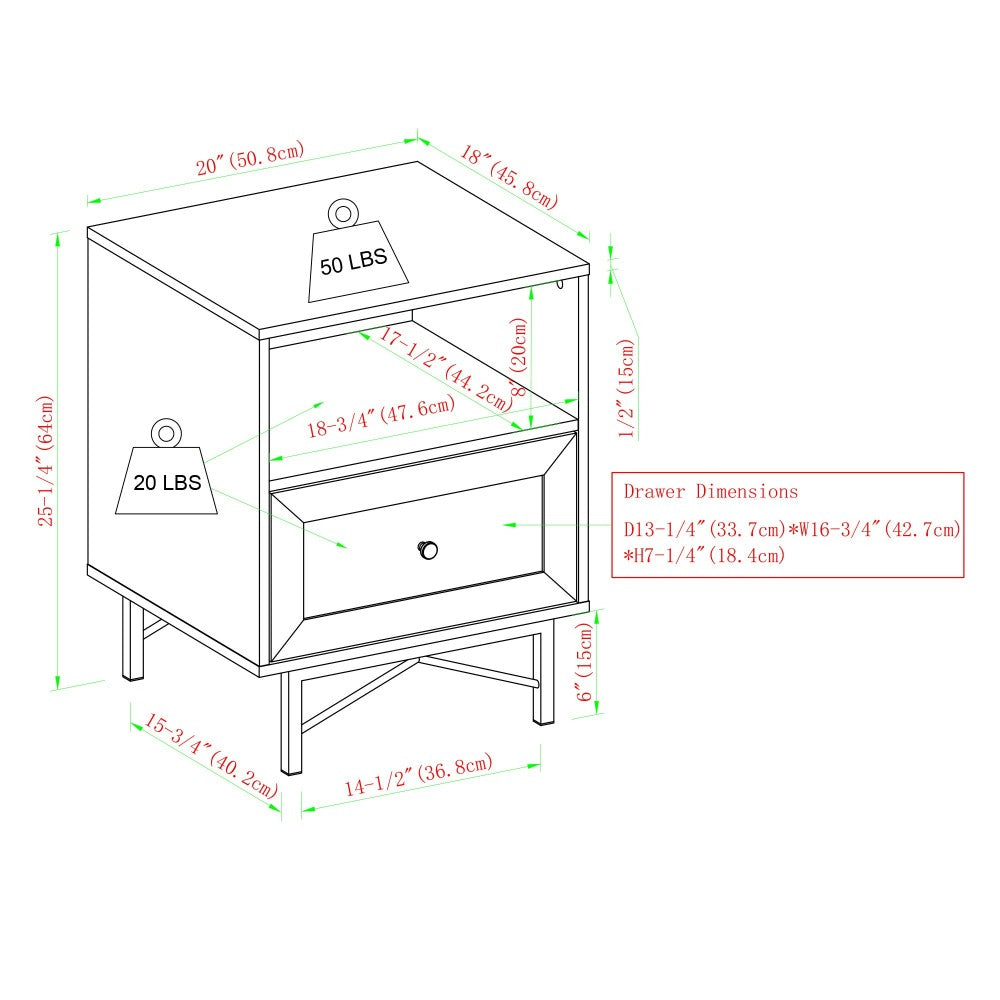 Gwen 20" 1 Drawer Modern Nightstand - Dark Walnut/White Poplar